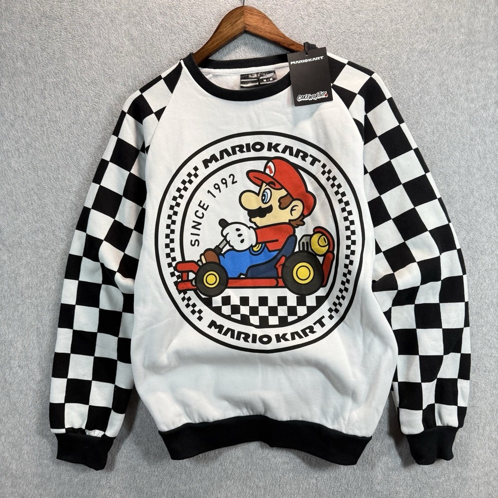 Cakeworthy Mario‎ Kart Nintendo Crewneck SWEATSHIRT Medium Checkered Flag NWT